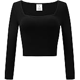 OThread & Co. Women's Long Sleeve Square Neck Crop Top Basic Comfy Stretch Tee