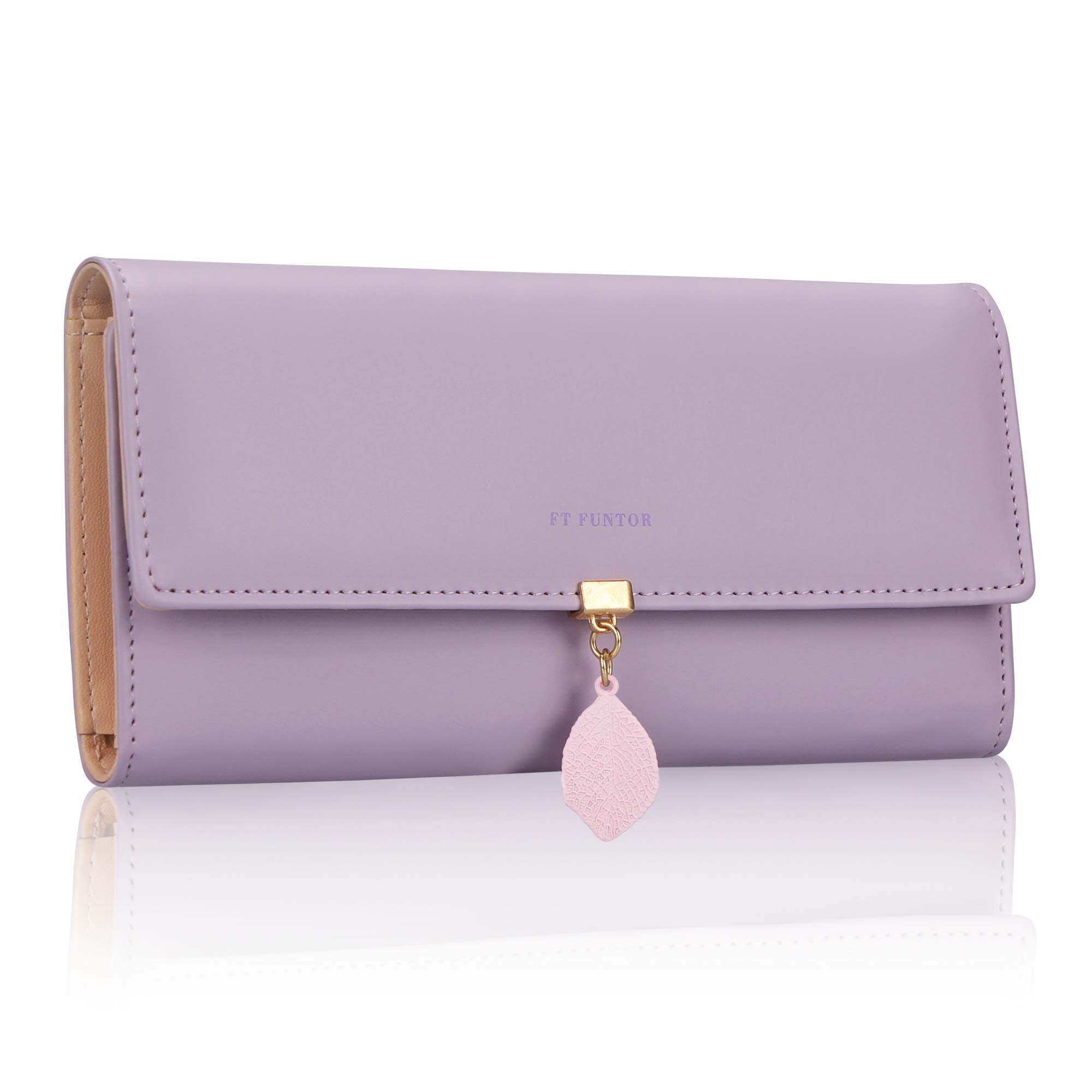 FT FUNTOR PU Leather Wallet for Women RFID Blocking Ladies Leaf Pendant Coin Zipper Long Purse with Multiple Card Slots and Card Holders Phone Pocket(L-Purple)
