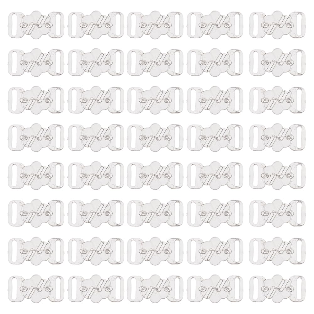 SUPERFINDINGS 60Sets Plastic Bikini Bra Clips Hooks and Snap Flower Shaped Bra Slide Buckles Clear Sewing On Swimsuit Bra Hooks Bikini Halter Adjustment Slides for Swimsuit Tops and Lingerie,2.1x1.4cm