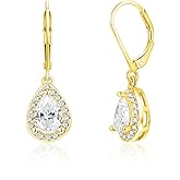 Dangle Earrings 18K Yellow Gold Plated Princess Halo Teardrop Cut Clear Cubic Zirconia Drop Earrings for Women Hypoallergenic