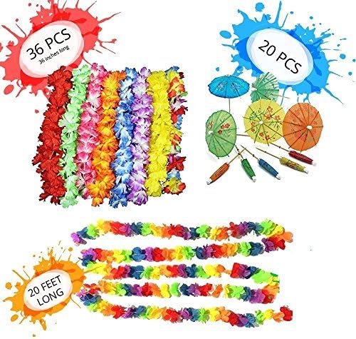 Luau Party Supplies Decorations Pack - 36 Tropical Hawaiian Flower Leis Birthday Party Favors - 2x10 Ft Long Tropical Multicolored Garland - 20 Cocktail Drink Paper Parasol Umbrellas