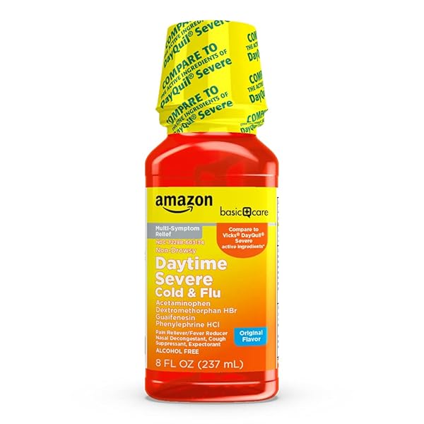 AMAZON BASIC CARE SEVERE DAYTIME COLD & FLU, MAXIMUM STRENGTH LIQUID MEDICINE, RELIEVES ACHES, PAIN, FEVER, COUGH, NASAL & CHEST CONGESTION, SORE THROAT, ORIGINAL FLAVOR, 8 FL OZ (PACK OF 1)