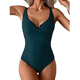 B2prity Women's Underwire One Piece Swimsuit Tummy Control Ruched Bathing Suit Criss Cross V Neck Swimwear