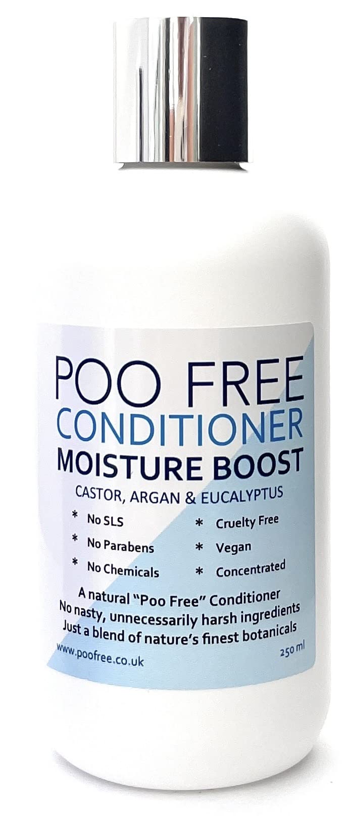 POO FREE - Moisture Boost Conditioner - 99% Natural - Castor, Argan, Eucalyptus - No Sulphates/Parabens/Silicones - pH 5.5 Sensitive Skin - 250ml