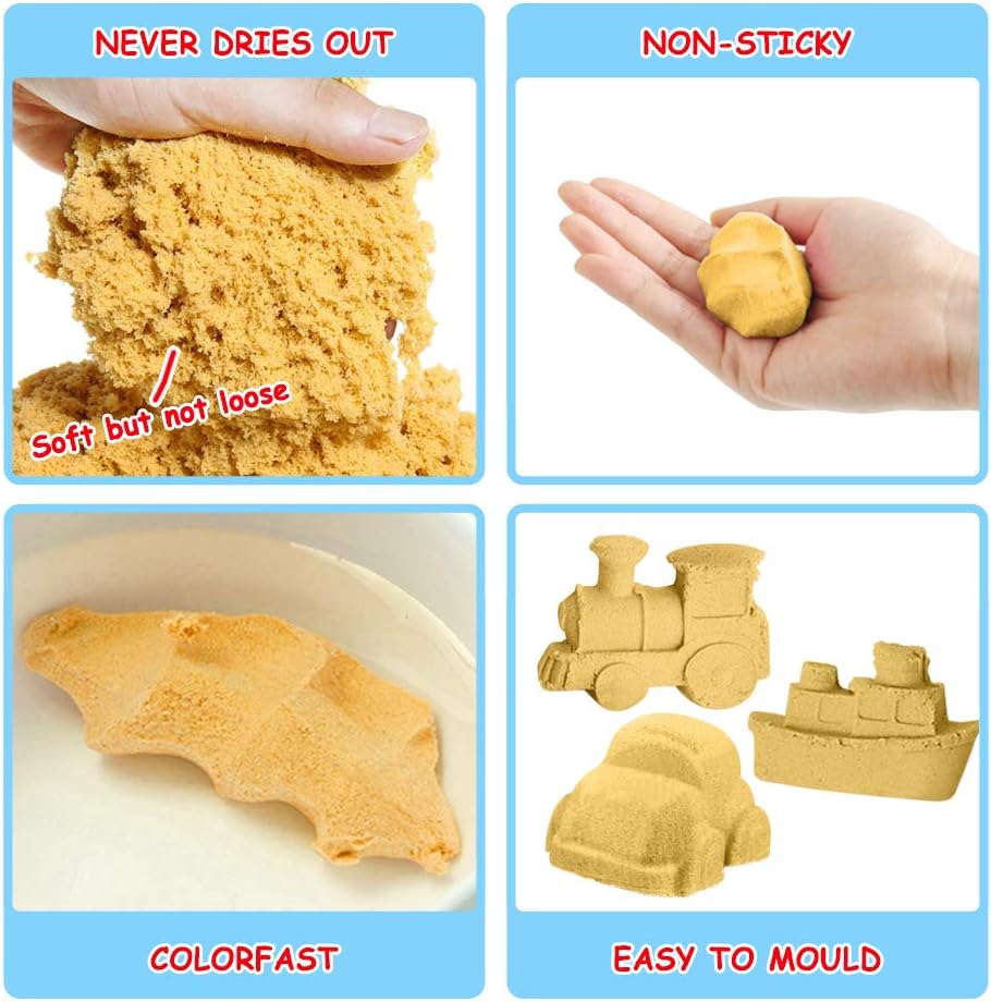 Play Construction Sand Kit - 3lbs Sand with 2 Colors, 6 Mini Construction Trucks, Construction Toys and Signs, Animal Mold, Modeling Tools, Foldable Sandbox with Clean Set Gifts for Boys Girls: Toys & Games