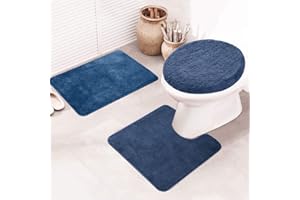 MIFXIN Bathroom Rug Set 3 Piece Shaggy Soft Non-Slip Bath Mats Solid Color Rectangular Floor Mat, U-Shaped Area Rug, Toilet Lid Cover (Blue)