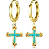 Genuine Turquoise Earrings 925 Sterling Silver Gold Cross Earrings Nature Gemstone Jewelry Real Turquoise Jewelry for Women