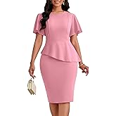 FANDEE Women's Wear to Work Midi Dress Business Church Ruffle Flared Short Sleeve Cocktail Crew Neck Pencil Dress