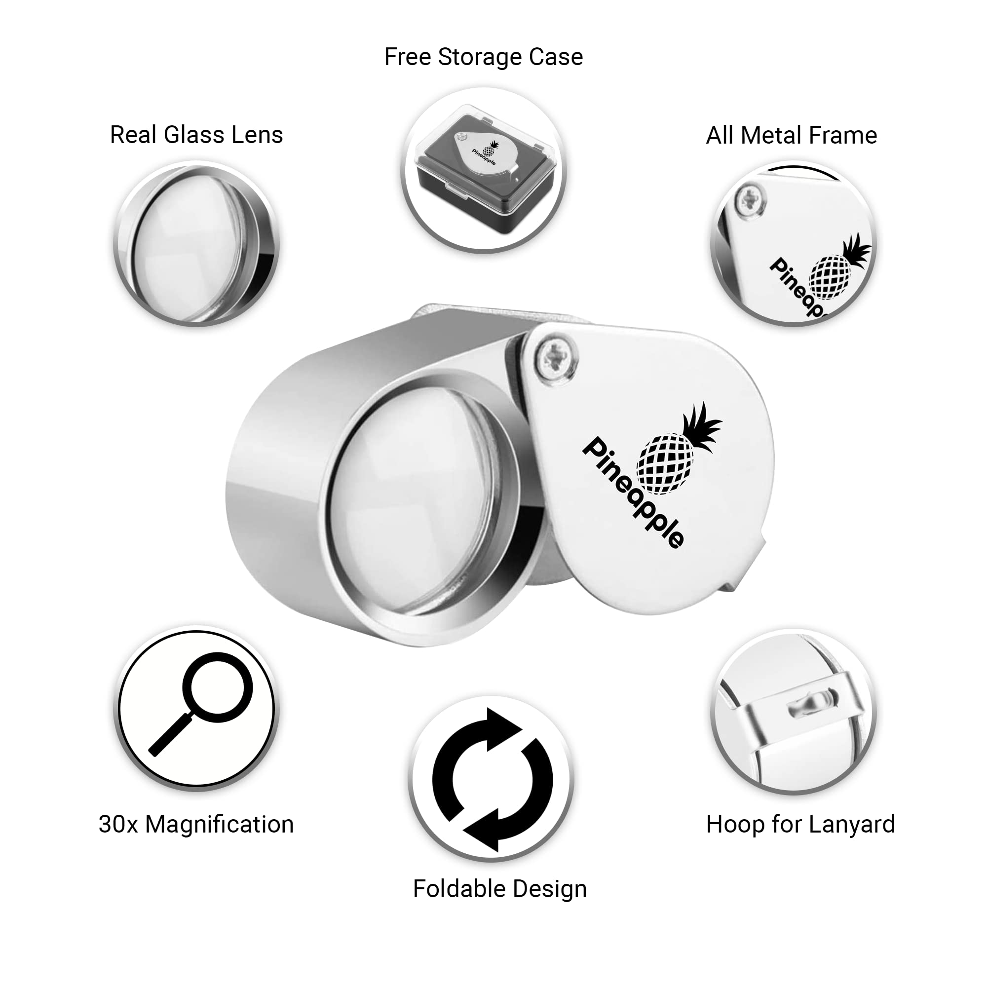 PINEAPPLE [2 Pack] 30X Jewelers Loupe Pocket Magnifying Glass Jewelry Loop Small Foldable Magnifier Eye Lens for Coins, Plants, Gems, Diamonds
