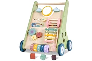 AMAZINGJOY 11-in-1 Montessori Baby Walker Toddlers Push Walker Wooden Activity Center Gift for 1 Year Old Boys Girls, Adjustable Speed & Quiet Wheels Learning to Walk Sensory Toys Baby Sit-to-Stand Walking Toys