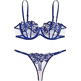 SOLY HUX Women's Lingerie Set Floral Embroidery Mesh Sheer Bra and Panty Underwear Sets
