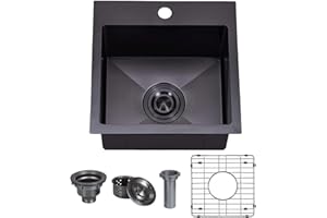 VAPSINT 15x15 Inch Black Drop In Bar Sink, Single Bowl Topmount Handmade Gunmetal Black Wet Bar Prep RV Sink, 16 Guage Stainless Steel Outdoor Small Kitchen Sinks with Grid & Drain Strainer