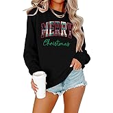 Merry Christmas Sweatshirts for Women Christmas Embroidery Outfits Merry Plaid Lightweight Pullover Tops