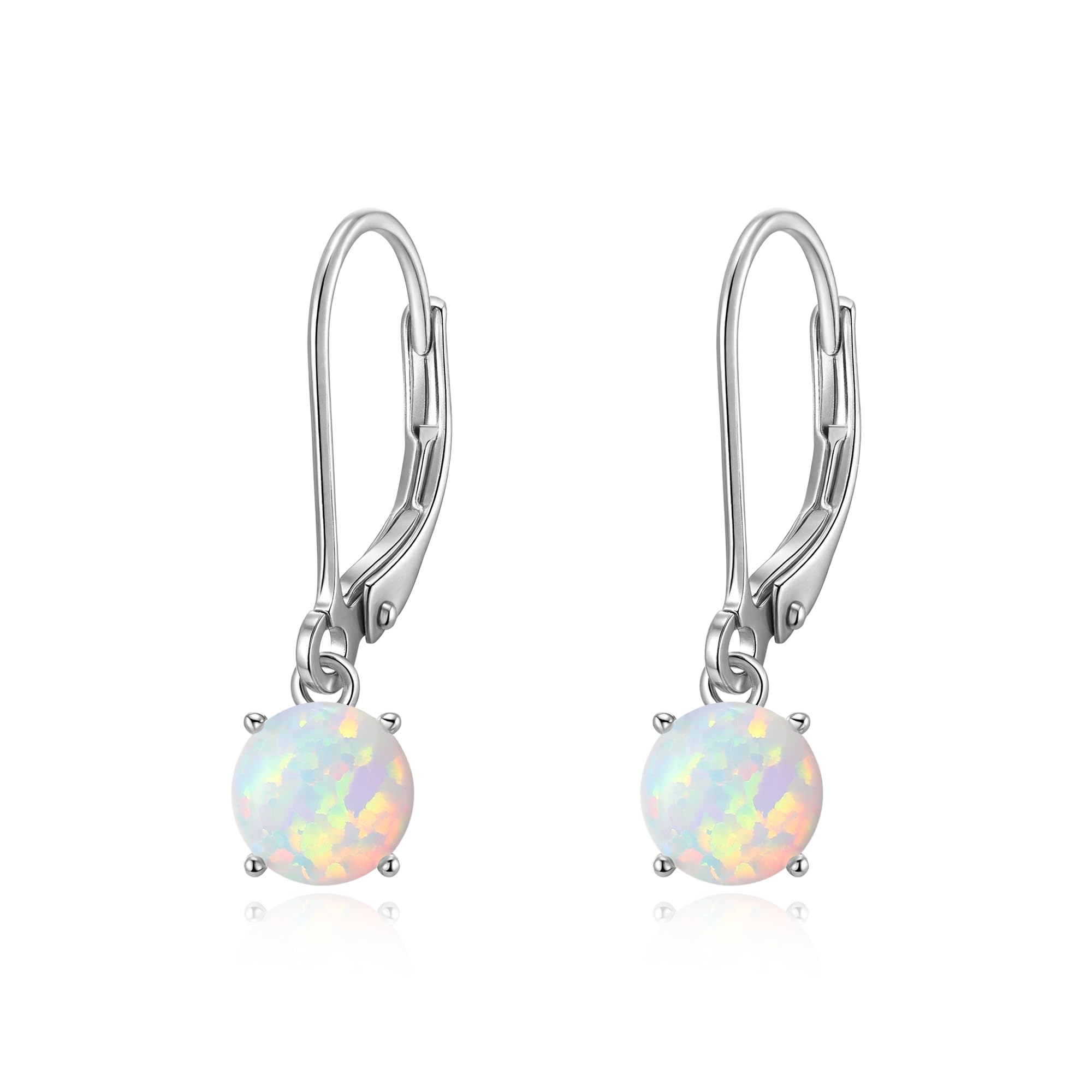EVER FAITH 925 Sterling Silver 6mm Round Created Opal Teardrop Pierced Dangle Leverback Earrings for Women White
