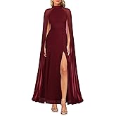 Aisbei Women's Elegant Mock Neck Slit A Line Flowy Maxi Dress Evening Gowns Party Formal Wedding Guest Dresses with Cape
