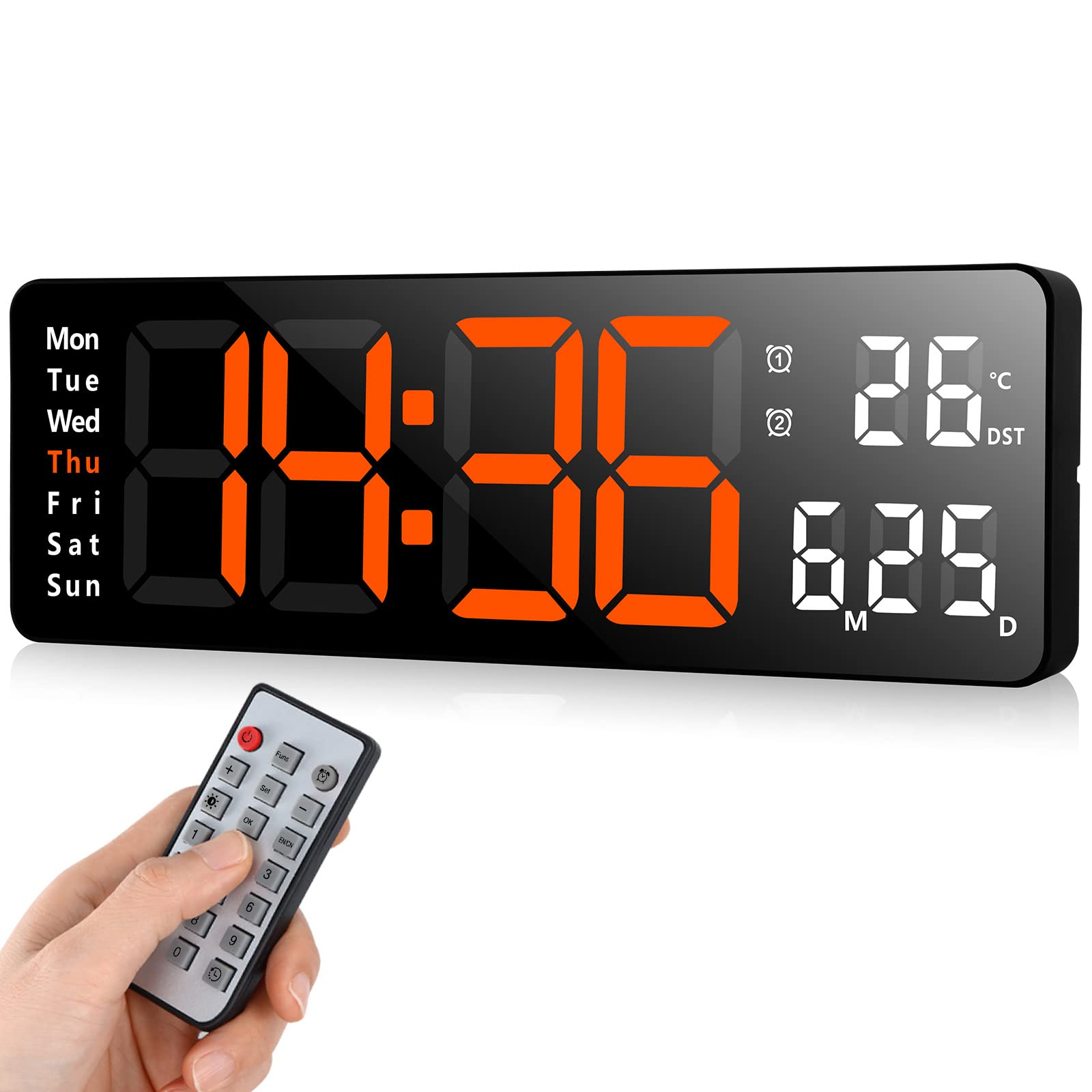 Fuloon Digital Wall Clock, 13 inch Large Display Digital Alarm Clock, Adjustable Brightness LED Digital Clock w/ Remote Control, Countdown Large Clock w/ Date, Week, Temperature, Corded Power, Orange — image 1