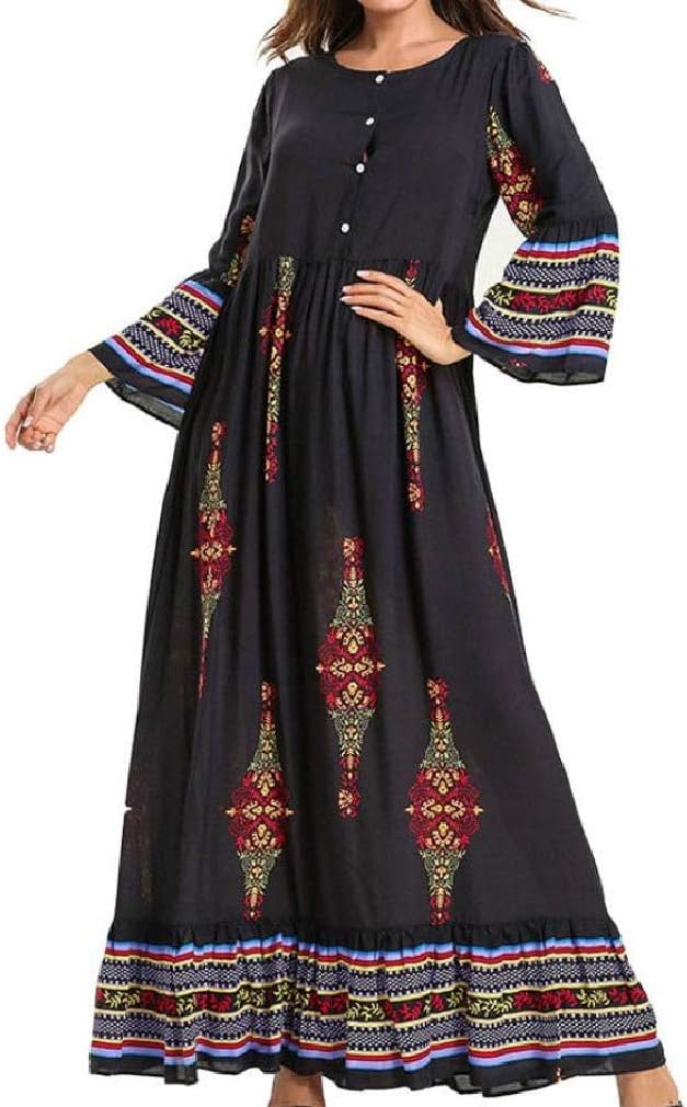 Wofupowga Women Long Sleeve Swing Gown Print Turkish Muslim Button Dress