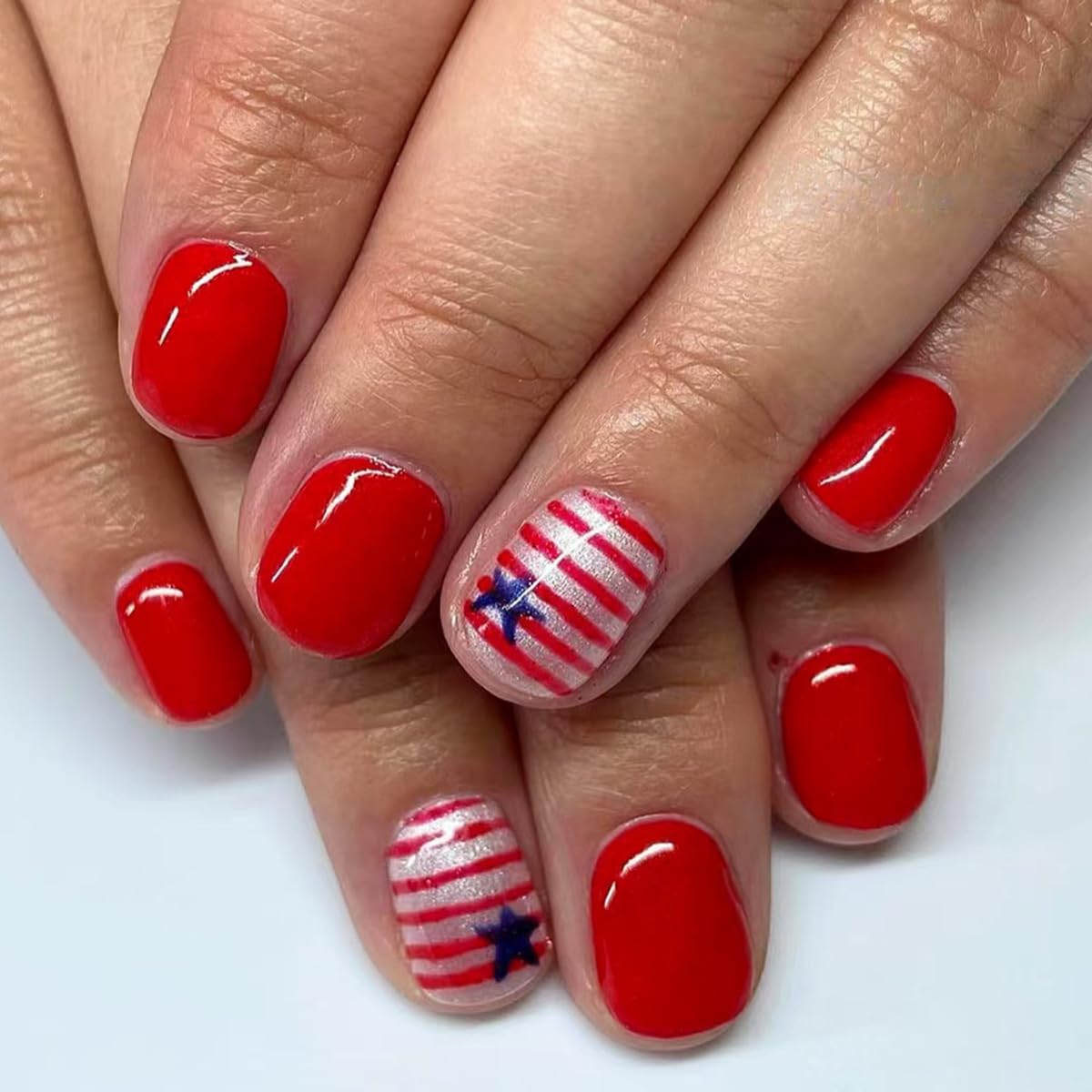 Photo 1 of 24 Pcs 4th of July Press on Nails Short Square LINMEIZAI Fake Nails Press ons Independence Day Nail Tips Glue on Nails Full Cover Acrylic Nail Art Kit False Nails with Red & Stripes Design for Women
