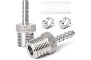 TAISHER 2PCS Forging of 304 Stainless Steel of Air Hose Fittings, Hose Barb Fittings 1/4" Barb x 1/4" MNPT Pipe Adapter with 2PCS Hose Clamp