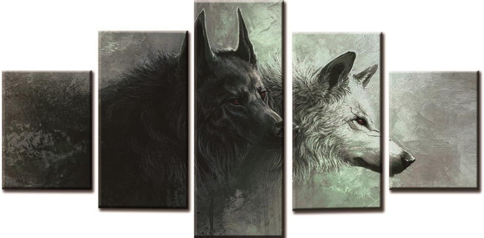 OBELLA New Top Canvas Pictures Prints Wall Art 5 Pieces || Ferocious Red-Eyed White and Black Wolf || Modern Contemporary Posters Oil Paintings Prints Painting for Home Decor - Frameless