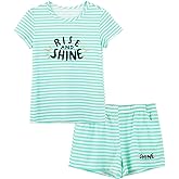 Cozchique Summer Pajamas for Girls – Stripe & Glittering Heart PJS Pal Cute Jammies Set Big Kids Size 4T-18