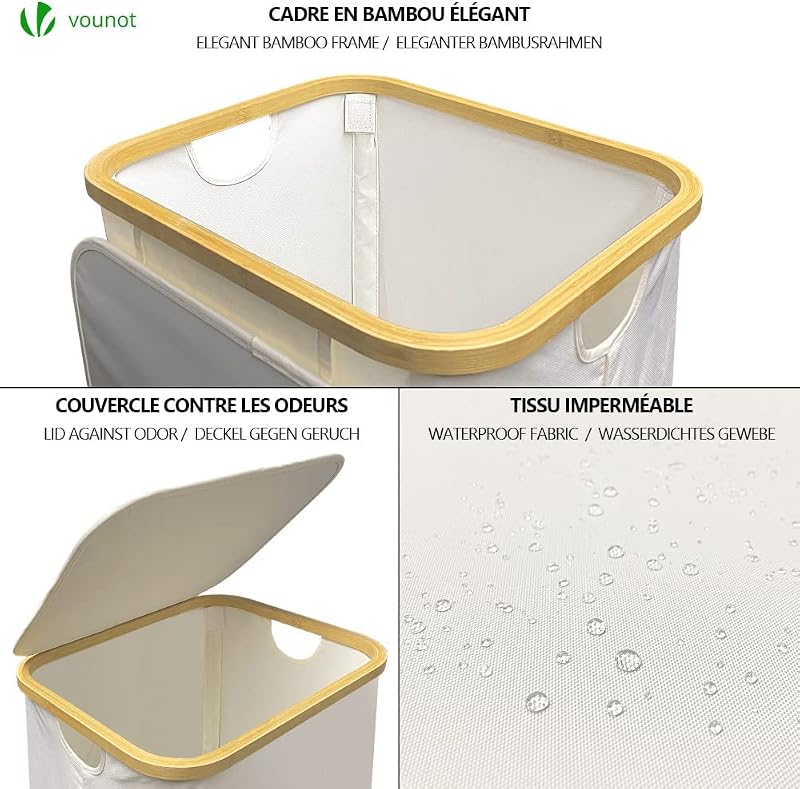® Cesto Portabiancheria 100L con Ruote, Cesta Biancheria Sporca con Coperchio e Manici in Bambù, Porta Biancheria Pieghevole Cesta Panni Sporchi per Bagno o Lavanderia Vestiti, Beige