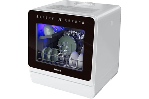 Hermitlux Countertop Dishwasher, 7 Washing Programs Portable Mini Dishwasher with 5-Liter Built-in Water Tank for Apartments & RVs, LED Light, Glass Door, No Hookup Needed