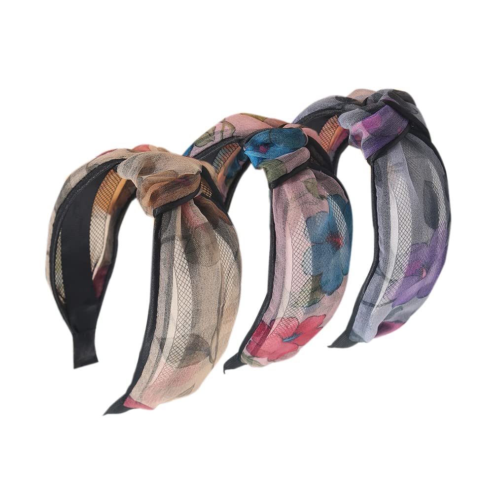 3Pcs Wide Headband French Bow Knot Hair Hoop Fabric Non-Slip Headwear Elastic Twist Hair Accessories Alice Hair Bands for Women Uk (Flower2V)
