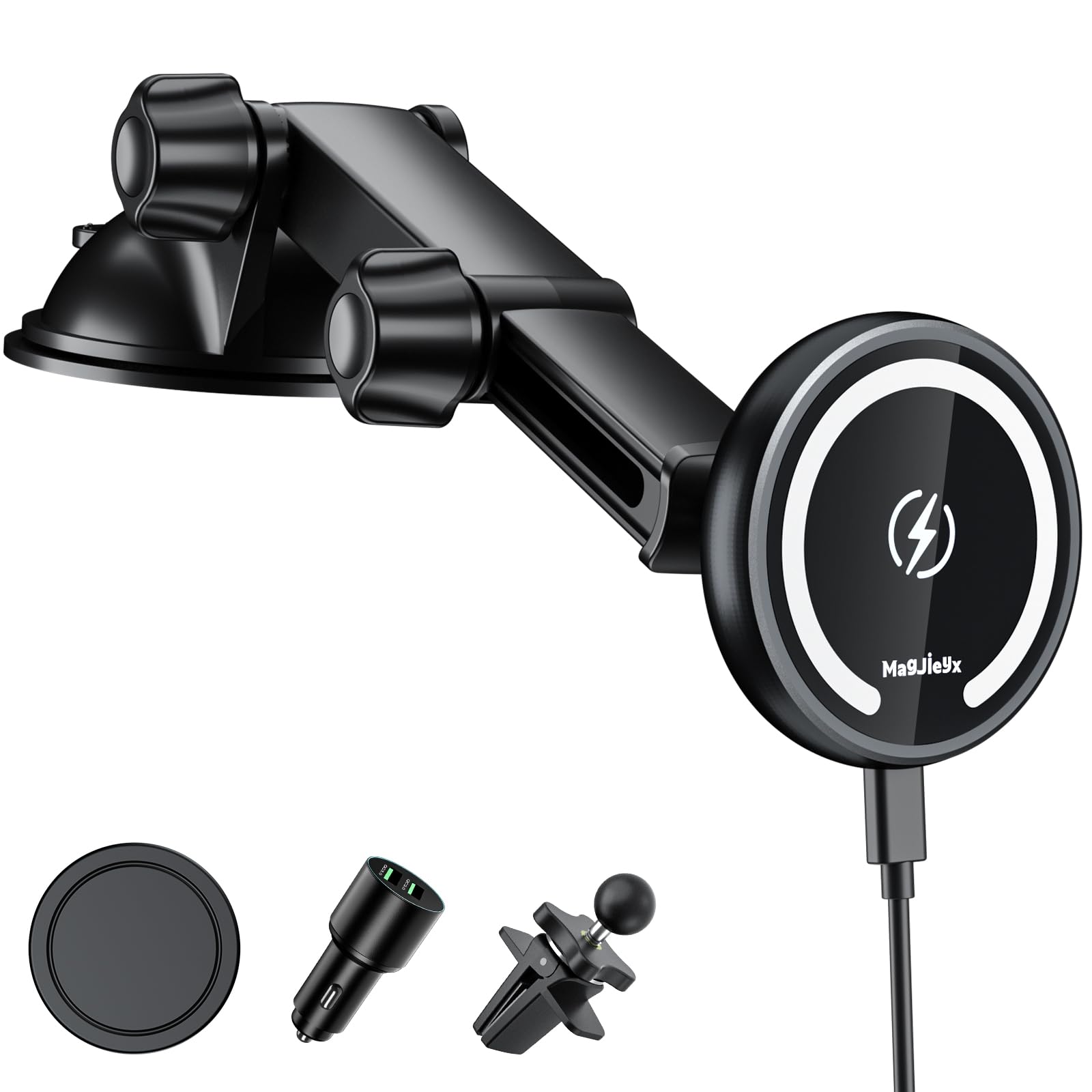 MAGJIEYX for Magnetic Magsafe Car Mount Charger, Wireless Car Charger with Fast Max 38W QC3.0Charging Adapter Retractable Phone Holder Fits iPhone16/15/14/13Plus/MagSafe Case,Dashboard/Vent/Windshield