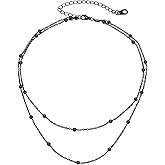 FOCALOOK Choker Necklace for Women Dainty 14K Gold Plated Double Layered Necklace Silver Black Metal Satellite Beaded Boho Choker Chain