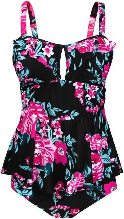 PZZ Retro Floral Flouncing Plus Size Bathing Suits Two Piece Peplum Swimsuits
