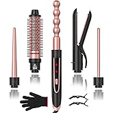 5 in 1 Curling Wand Set, Curling Iron with Curling Brush,Hair Straightener & 3 Interchangeable Ceramic Curling Wand(0.35"-1"), Fast Heat Hair Wand Curler, Include Glove & 2 Clips for Women Girls Gift