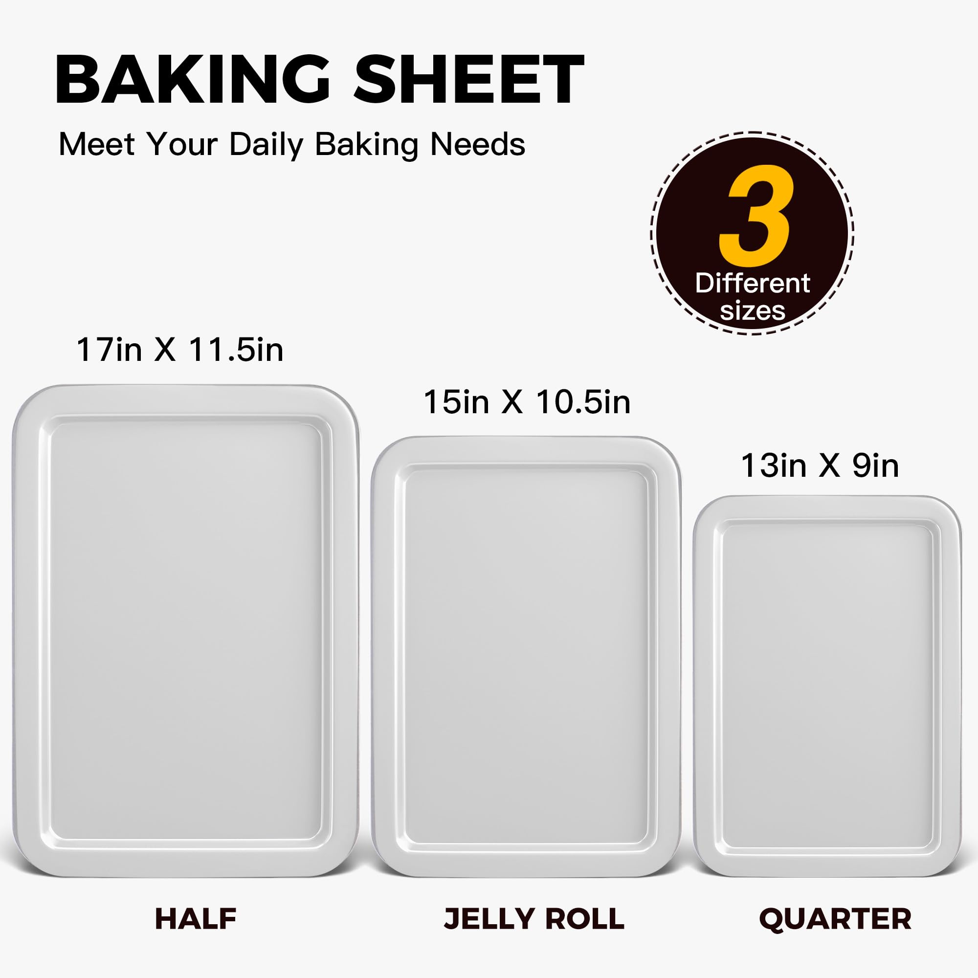 HONGBAKE Cookie Sheet, Baking Sheet Set, Nonstick Oven Pan with Wider Grips,3 Pack, Avoid Too Much Browning -Noble Silver