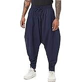 PACEIADTA Mens Casual Harem Pants Baggy Aladdin Hippie Elastic Waist Drop Crotch Trousers