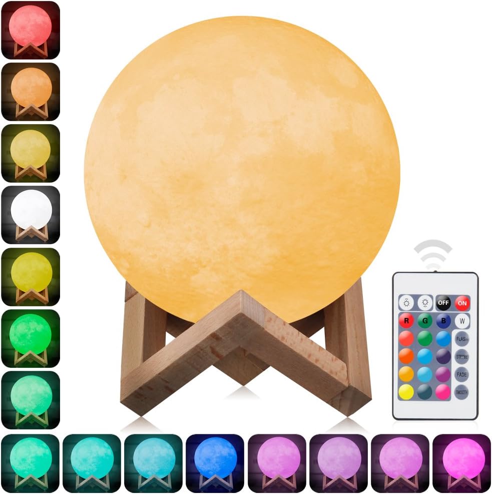 3D Moon Lamp, Yunplus 16 Colors RGB Moonlight Desk Lamps, USB Rechargeable Baby Night Light with Remote Control for Birthday Love - 3.1"/8CM