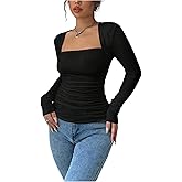 SOLY HUX Women's Square Neck T Shirts Long Sleeve Ruched Slim Fitted Tee Going Out Tops