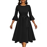 NMODER Women's Cocktail Dresses - Vintage Bell Sleeve Wedding Geust Tea Party Midi Dress with Belt