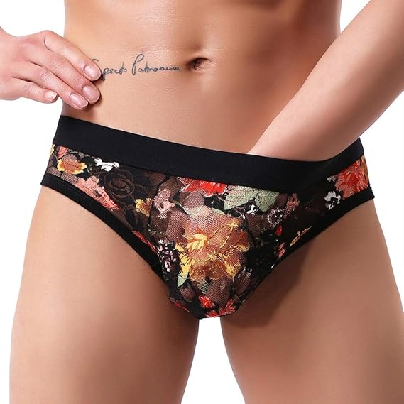 friendGG Herren Soft Mesh Unterwäsche Atmungsaktive Schlüpfer Blumenstickerei Sexy Slip