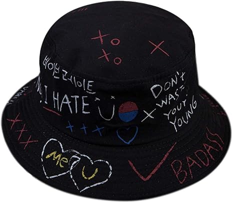 Amazon Co Jp Shunxinerstyユニセックス原宿バケットハット韓国文字グラフィティプリントヒップホップフィッシャーマンキャップブラック 服 ファッション小物