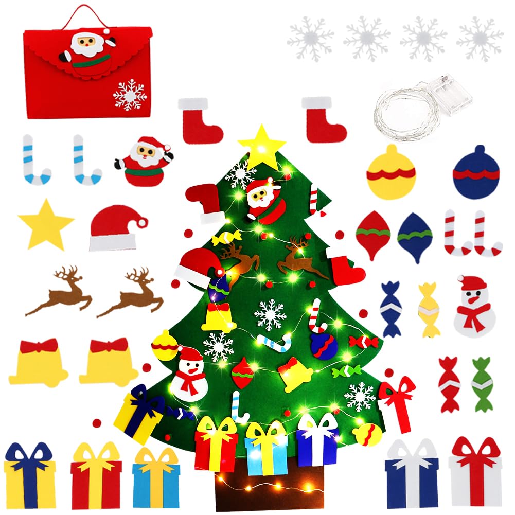 LAMPTOP 3.3ft Children's Felt Christmas Tree, DIY Felt Xmas Tree Set for Kids Toddlers, Wall Hanging Xmas Decorations with 39 Detachable Ornaments and Bag, Home Door Window Christmas Decor