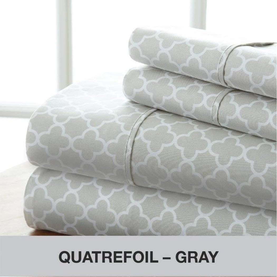 UKN 4 Piece Girls Silver Grey Quatrefoil Sheet Set Full Sized, Light Gray White Color Lattice Trellis Pattern Deep Pocket Design, Kids Bedding Modern Geometric Themed Teen, Microfiber Polyester