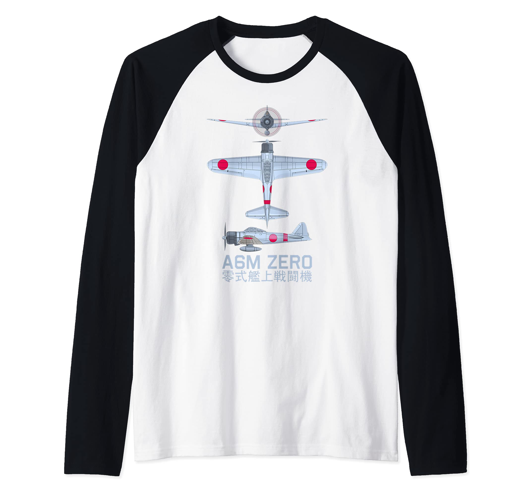 A6M Zero WW2 Japanese Fighter Plane Diagram Raglan Baseball Tee