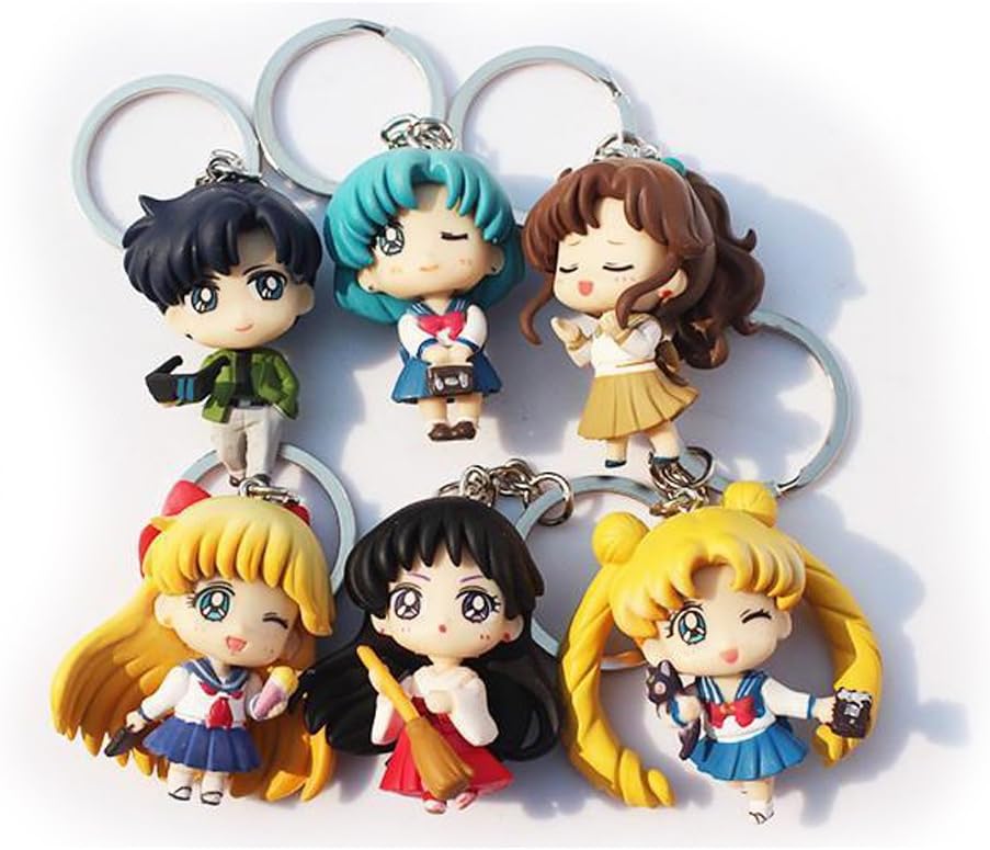 Animebylexie Q Verison Sailor Moon Tsukino Usagi Sailor Mars Jupiter Venus Mercury Tuxedo Action Figure Toys with Keychain (6pc/Set)