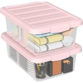 Waikhomes Set of 2 Clear Plastic Storage Bins with Pink Lids, 14 Quart | Versatile Organizer Container Boxes for Home, Office, and Garage