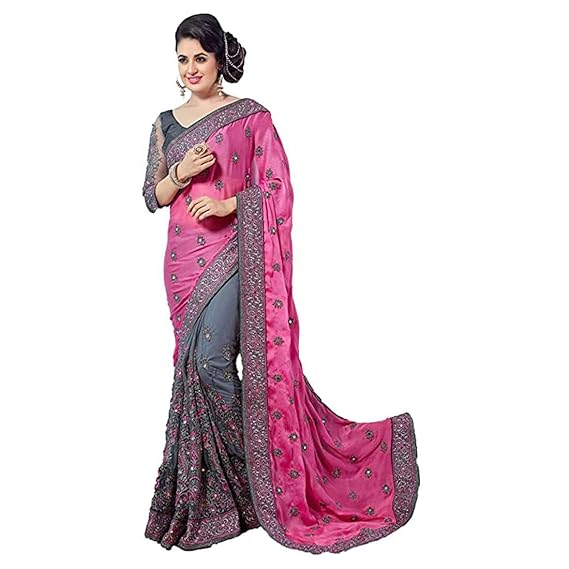 Womens Embroidery Coding Work CP Chiffon Saree with Blouse (Gold)