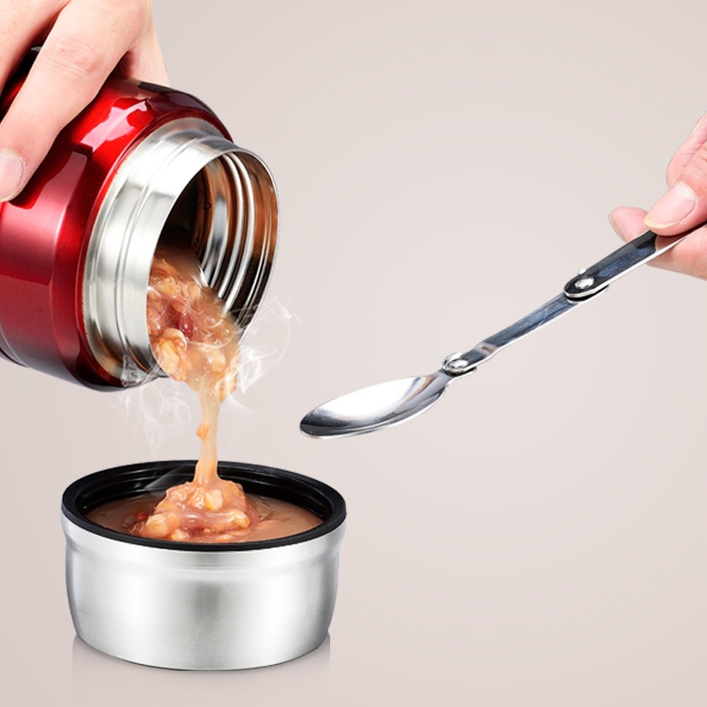 SOMIGA Insulated Stainless Steel Food Jar with Folding Spoon,Bag-Vacuum Double Walled BPA Free,Unbreakable,Leak Proof, Hot and Cold Preservation 17 OZ Storage Container (Red)