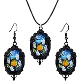 coadipress Gothic Ghost Earrings Necklace Set for Women Vintage Crystal Glass Ghost Cameo Pendant Necklace Cute Goth Ghost Earring Punk Mystic Halloween Jewelry