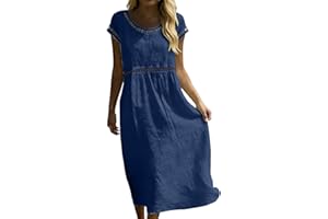 Frostluinai Cotton Linen Dresses for Women Summer Casual Crochet Short Sleeve Sundresses Loose Flowy Beach Long Dress