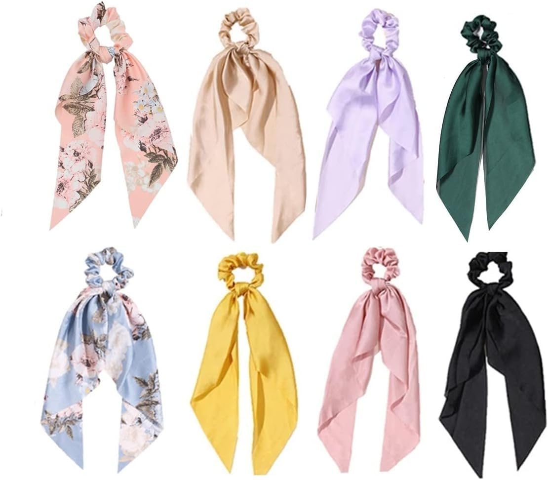 8 Pack Hair Scarf Scrunchies for Hair Tie,Satin Bowknot Elastic Hair Bands,Silk Ponytail Holders Head Tie for Women and Girls 2floral+6solid color