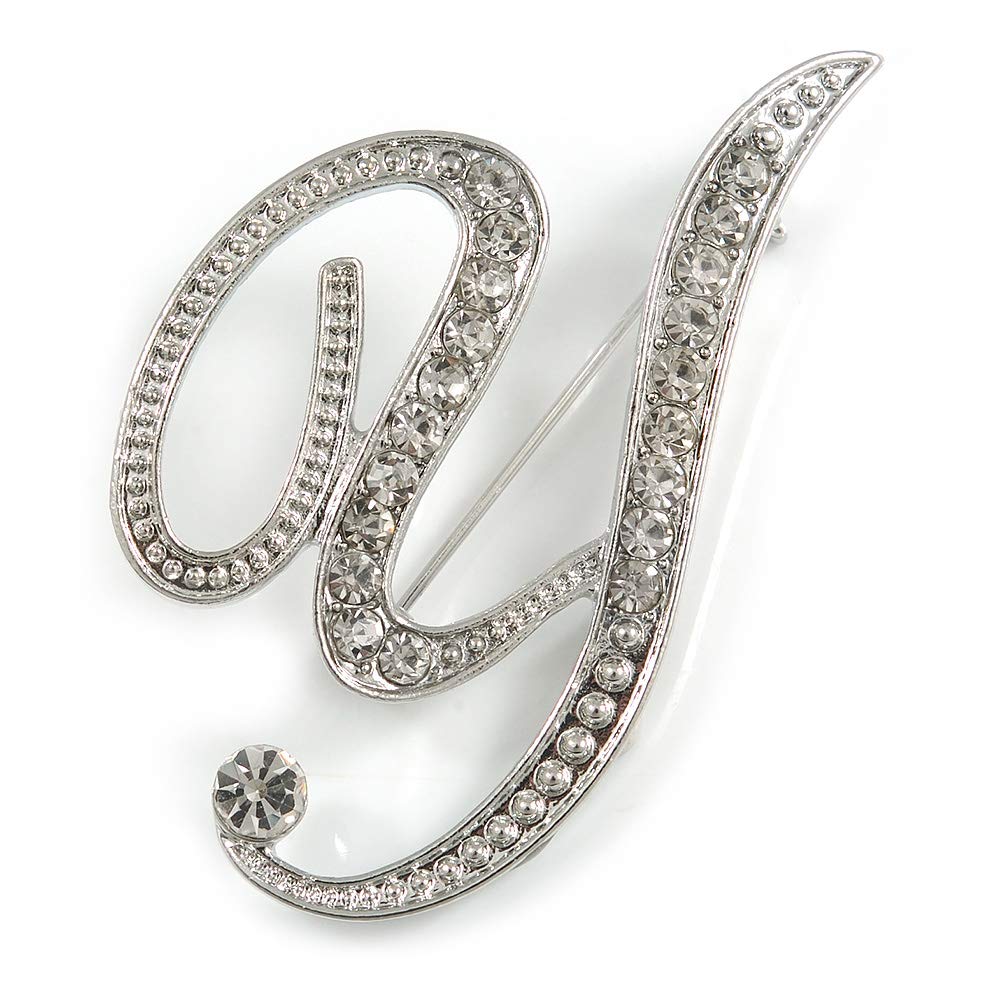 'Y' Rhodium Plated Clear Crystal Letter Y Alphabet Initial Brooch Personalised Jewellery Gift - 50mm Tall
